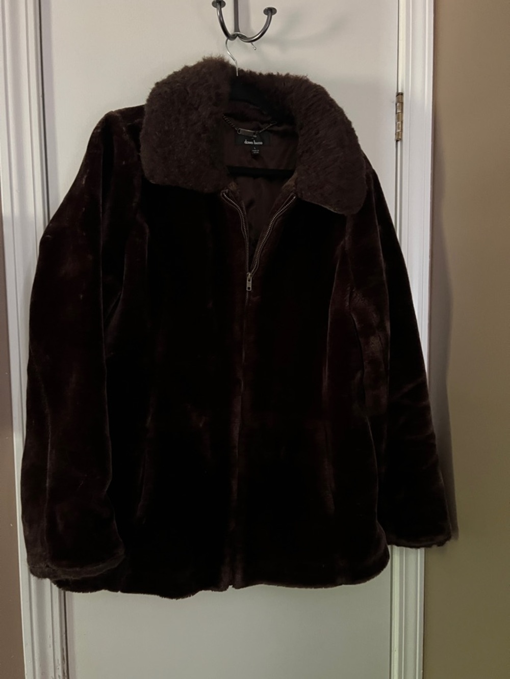 dennis basso Dark Brown Faux Fur Coat with Fur Trim